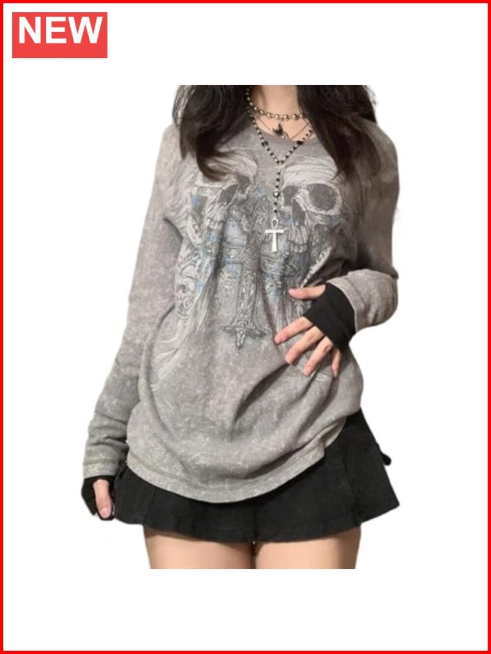 Vintage Gothic Skull Graphic Long Sleeve Grunge Tee